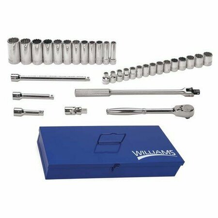 WILLIAMS Socket/Tool Set, 33 Pieces, 12-Point, 1/2 Inch Dr JHWMSS-33F